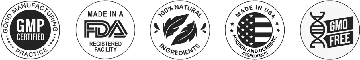 Primordial Vigor X certifications — Made in USA, GMP Certified, FDA Registered, 100% Natural, Non-GMO